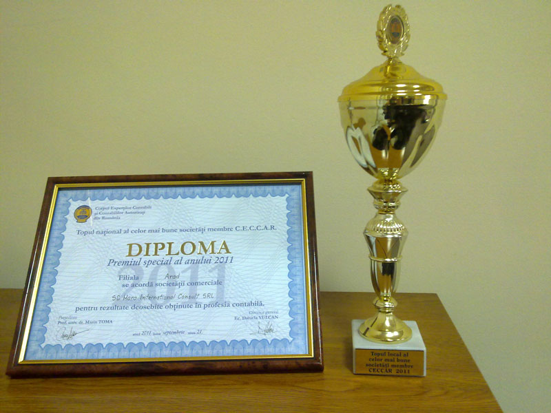 In anul 2011 am fost premiati in cadrul Topului national al celor mai bune societati member C.E.C.C.A.R. , cu “Premiu Special al anului 2011” Pentru rezultatate deosebite obtinute in profesia contabila.